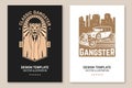 Set of gangster banner, poster. Vector illustration. Vintage monochrome label, sticker, patch with american retro car