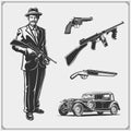 Set of gangsters and mafia emblems, labels and design elements. Street wars elements, guns, vintage cars. Royalty Free Stock Photo