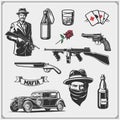 Set of gangsters and mafia emblems, labels and design elements. Street wars elements, guns, vintage cars. Royalty Free Stock Photo