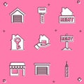 Set Garage, House key, Hanging sign with Rent, Realtor, Market store and icon. Vector