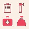 Set Garbage bag, Clipboard with checklist, Bottle with nozzle spray and First aid kit icon. Vector