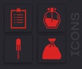 Set Garbage bag, Clipboard with checklist, Perfume and Sanitary tampon icon. Vector