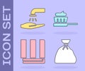 Set Garbage bag, Washing hands with soap, Towel stack and Toothbrush with toothpaste icon. Vector Royalty Free Stock Photo