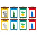 Recycling signs for bins. Icon set of street trash bins and containers with pictures of paper, glass, organics and plastic. 