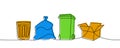 Set of garbage one line colored continuous drawing. Trash can, garbage bag, recycle bin, carton box continuous one line Royalty Free Stock Photo