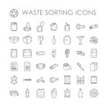 Set of garbage separation recycling related waste sorting outline icons vector.