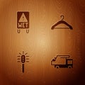 Set Garbage truck, Wet floor, Toilet brush and Hanger wardrobe on wooden background. Vector