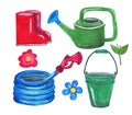 Set of garden equipment. Green watering can, metal bucket, rubber boots, blue water hose with a red spray nozzle. Royalty Free Stock Photo