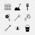 Set Garden fence, Shovel in the ground, fork, pitchfork, Automatic irrigation sprinklers, Bucket, Watering can and icon