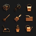 Set Garden fork, Flower in pot, Watering can, hose fire hose, Shovel the ground, rake leaves, Bucket and Tree icon Royalty Free Stock Photo