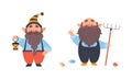 Set of garden gnomes. Dwarfs holding lantern and rake, cute fairy tale characters cartoon vector illustration