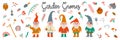 Set of garden gnomes or dwarfs with spring elements. Lettering garden gnomes. Hand draw collection of cute characters. Royalty Free Stock Photo