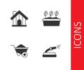 Set Garden hose, Farm house, Wheelbarrow and Plant in pot icon. Vector Royalty Free Stock Photo