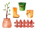 Set of garden items in hand drawn style. Various agricultural and garden tools for spring work