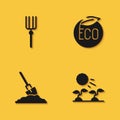 Set Garden pitchfork, Plant sprouts grow in the sun, Shovel ground and Eco healthy food icon with long shadow. Vector