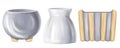 A set of garden pots made of concrete and wood in watercolor style. Garden tools, home decor, flower vases, designer tableware.