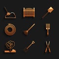 Set Garden rake for leaves, pitchfork, Gardening handmade scissor, Planting tree the ground, hose fire hose, shovel and