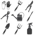 Set of garden tools and accessories icon silhouettes. Vector illustration. Set of silhouettes garden tools hand Royalty Free Stock Photo