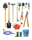 Set of garden tools. Agricultural rural work. Shovels rakes and hoes. Isolated on white background. Watering can for