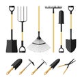 Set garden tools. Colored icons of garden tools. Shovels, rakes and a ripper and garden shears. Royalty Free Stock Photo