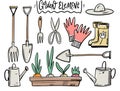 Set garden tools and elements. Vector illustration in cartoon style Royalty Free Stock Photo