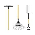 Set garden tools. Fan rakes, pitchforks and rakes in a simple flat style and color. Royalty Free Stock Photo