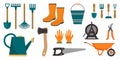 Set of garden tools. Instrument icons for horticulture rake, shovel, watering equipment, scissors, seed, plant, pruner. Collection Royalty Free Stock Photo