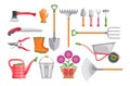 Set of garden tools isolated on white background. Bucket, wheelbarrow, shovel, pitchfork, rake, pruner, ax, saw, watering can