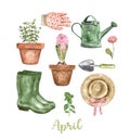 Set of garden tools and items. Spring gardening themed watercolor illustration. Royalty Free Stock Photo