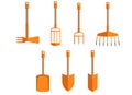 A set of garden tools shovels, rakes, pitchforks, hoes. Short handles