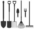 Set of garden tools: spade, rakes, pitchforks, shovels. Vector i