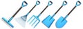 Set of garden tools and supplies for gardener and flower pots in garden