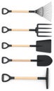 Set of garden tools and supplies for gardener and flower pots in garden