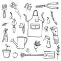 Set of garden tools, vegetables, fruits on a white background.