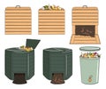 Set of garden wood and plastic composting bins. Garden fertilizer organic with worms. Recycling organic waste. Sustainable living Royalty Free Stock Photo