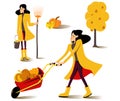 Set of gardener illustration. Woman in yellow raincoat with a fan rake and bucket of apples. A gardener with her own