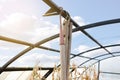 Set gardening equipment hanging at shed storage,greenhouse,home garden,vegetable bed in private village house backyard Royalty Free Stock Photo