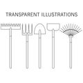 Set of gardening and farm tools. Vector illustration. Rake, shovel, spade and pitchfork. Transparent and outline drawing.