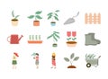 set gardening, icon with woman plants wheelbarrow watering can flowers boots