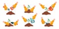 Set of gardening icons with hands in yellow gloves sprout, garden bed, fertilizer, rake. Plant care. Vector illustration Royalty Free Stock Photo