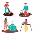 Set of gardening people - man with shovel, man planting tree, woman watering bush, woman replanting seedling in pots. Vector