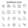 Set of Gardening Related Vector Line Icons. Contains such Icons as gardener, glove, lawnmower, plant, butterfly, fertilization,