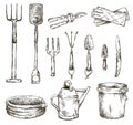 Set of gardening tools drawings, vector illustrations Royalty Free Stock Photo