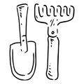 Set of gardening tools icon. Vector illustration of a shovel and rake. Royalty Free Stock Photo