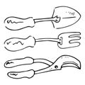 Set of gardening tools icon. Vector illustration of a shovel, pitchfork, pruner. Hand drawn secateurs for bushes, shovel, pitchfor