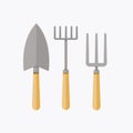 A set of gardening tools. Illustrations for gardening items: a shovel, a rake, a pitchfork. Royalty Free Stock Photo