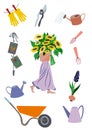 Set of gardening tools with girl holding sun flowers Royalty Free Stock Photo