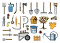 Set of gardening tools or items. hose reel, fork, spade, rake, hoe, trug, cart, lawnmower, elements collection work Royalty Free Stock Photo