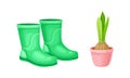 Set of gardening tools. Rubber boots and hyacinth in flower pot cartoon vector illustration