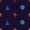 Set Gargoyle on pedestal, Fountain, Plane and Coffee cup on seamless pattern. Vector